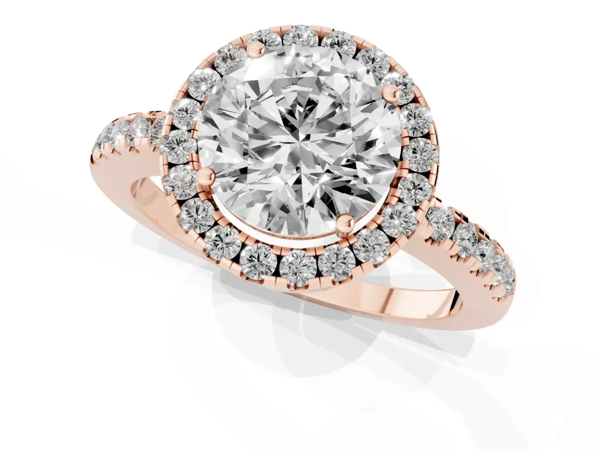 Round Cut Halo Diamond Engagement Ring with Pavé Band and Four-Prong Setting Rose gold