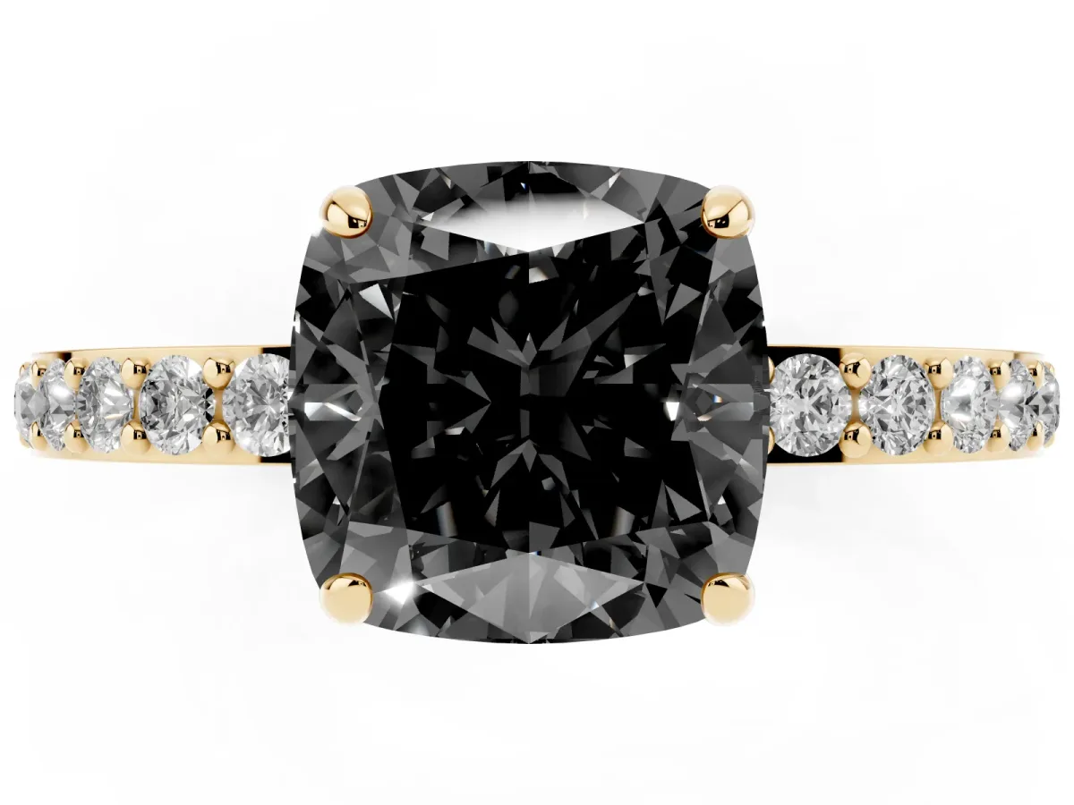 Fancy Black Cushion Cut Diamond Solitaire Engagement Ring with Pavé Band and Four-Prong Setting Yellow gold