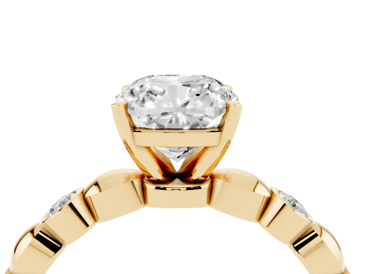 Cushion Cut Solitaire Bezel-Set Diamond Ring with Beaded Band and Four-Prong Setting Yellow gold
