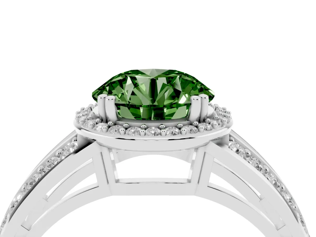 Fancy Green Round Cut Diamond Halo Ring with Split Shank Pavé Band and Four-Prong Setting Platinum