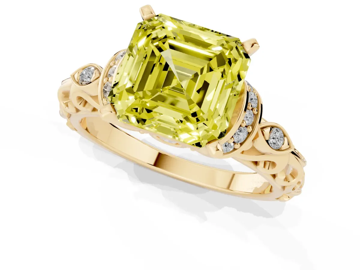 Fancy Yellow Asscher Cut Diamond Solitaire Ring with Filigree Band and Four-Prong Setting Yellow gold