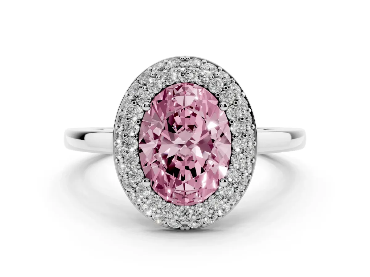 Fancy Pink Oval Cut Halo Diamond Engagement Ring with Solitaire Band and Four-Prong Setting Platinum