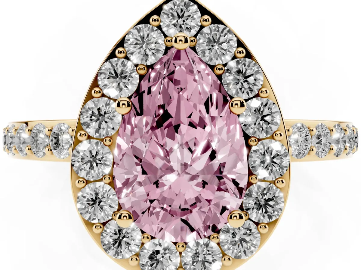 Fancy Pink Pear Cut Halo Diamond Pavé Band Ring with Prong Setting Yellow gold