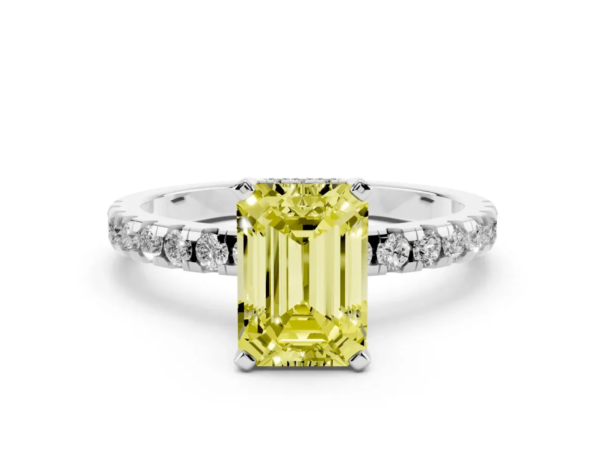 Fancy Yellow Emerald Cut Diamond Solitaire Ring with Round Pavé Band and Four-Prong Setting Silver
