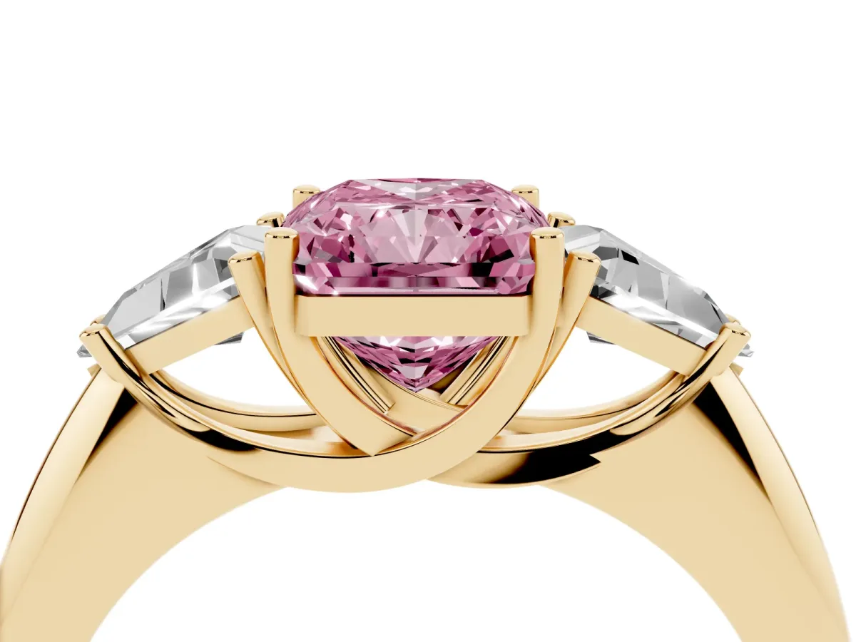 Fancy Pink Three-Stone Radiant Cut Diamond Engagement Ring with Trillion Side Stones and Prong Setting Yellow gold
