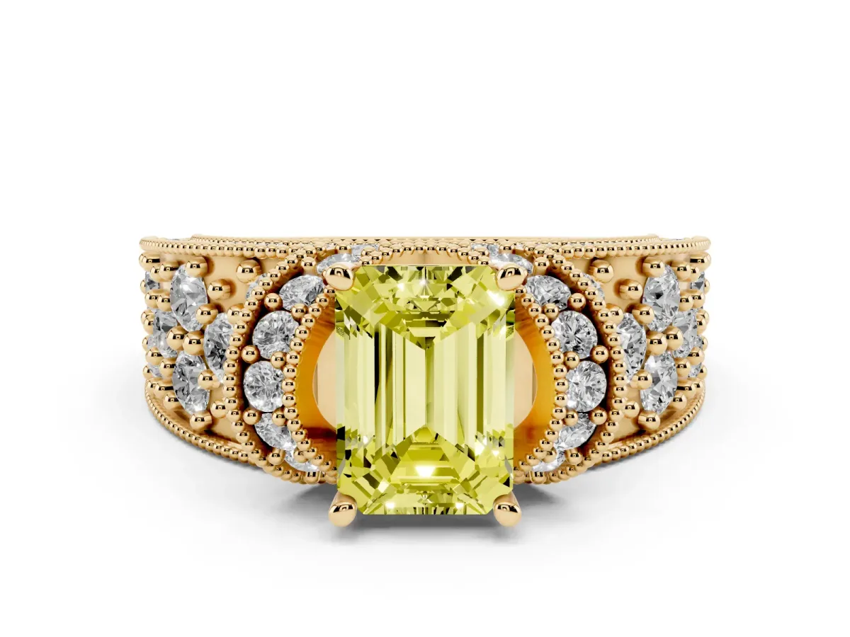 Fancy Yellow Emerald Cut Halo Pave Diamond Engagement Ring with Milgrain Detailing Yellow gold