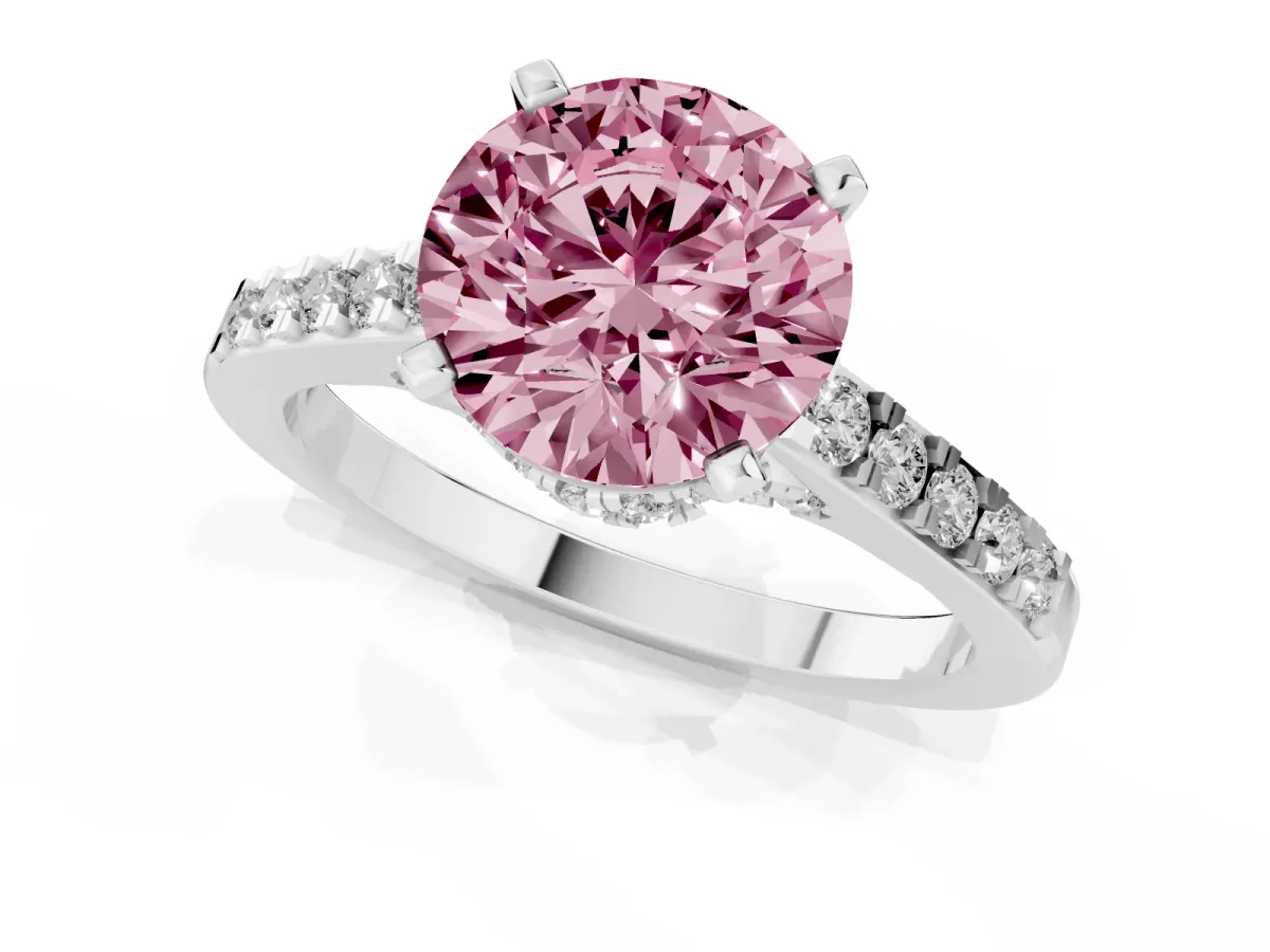 Fancy Pink Round Cut Diamond Solitaire Ring with Crossover Gallery and Round Pavé Band Silver