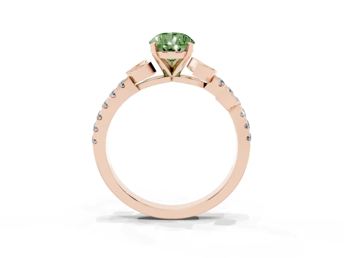 Fancy Green Pear Cut Solitaire Leaf-Inspired Diamond Ring with Pavé Band and Four-Prong Setting Rose gold