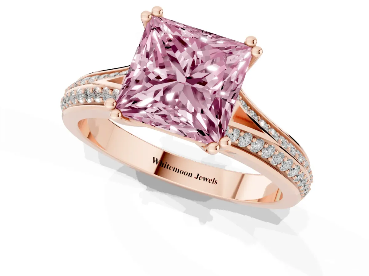 Fancy Pink Princess Cut Diamond Split Shank Engagement Ring with Pavé Band Rose gold