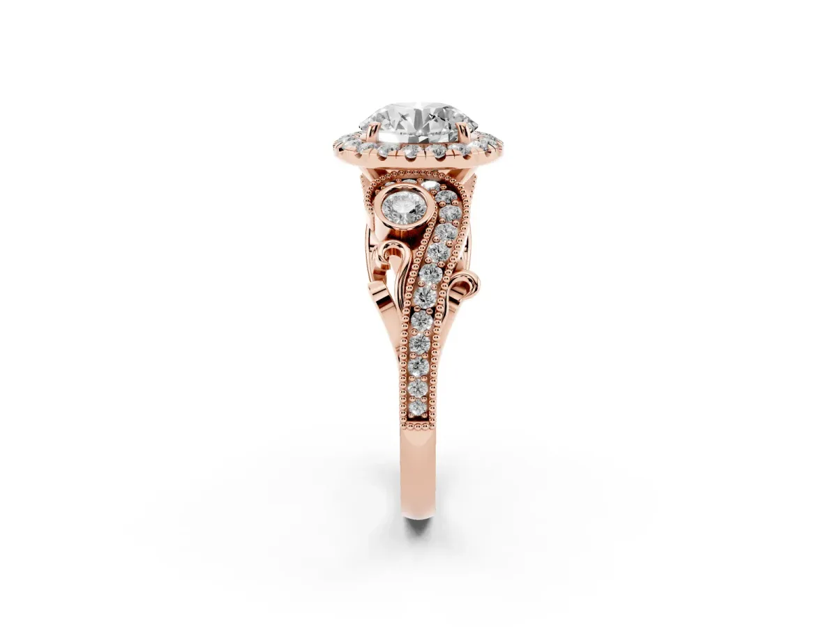 Round Cut Halo Diamond Ring with Milgrain and Bezel Accents on a Split Shank Band Rose gold