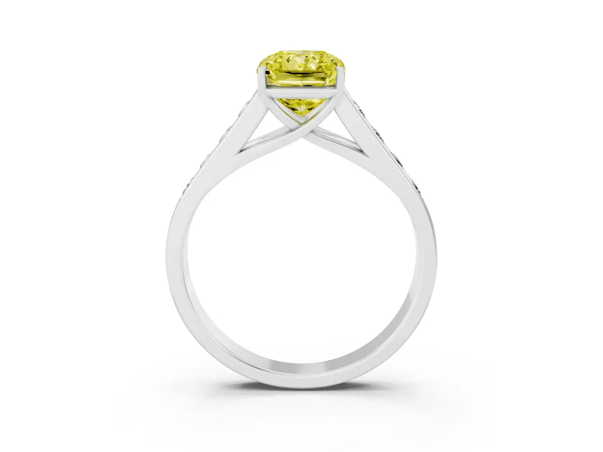 Fancy Yellow Radiant Cut Brilliant Channel-Set Solitaire Ring with Four-Prong Setting Platinum