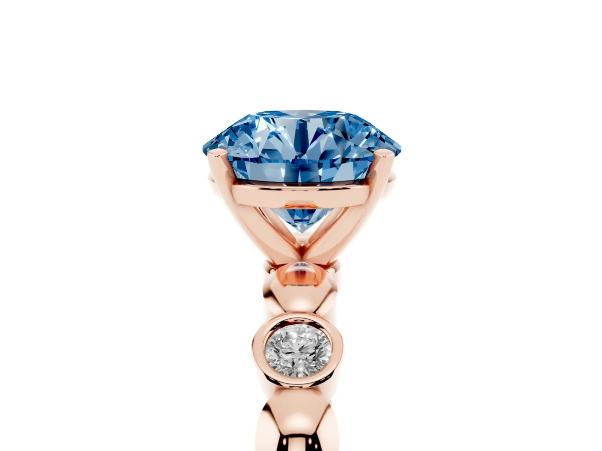 Fancy Blue Round Cut Solitaire Bezel-Set Diamond Ring with Beaded Band and Four-Prong Setting Rose gold
