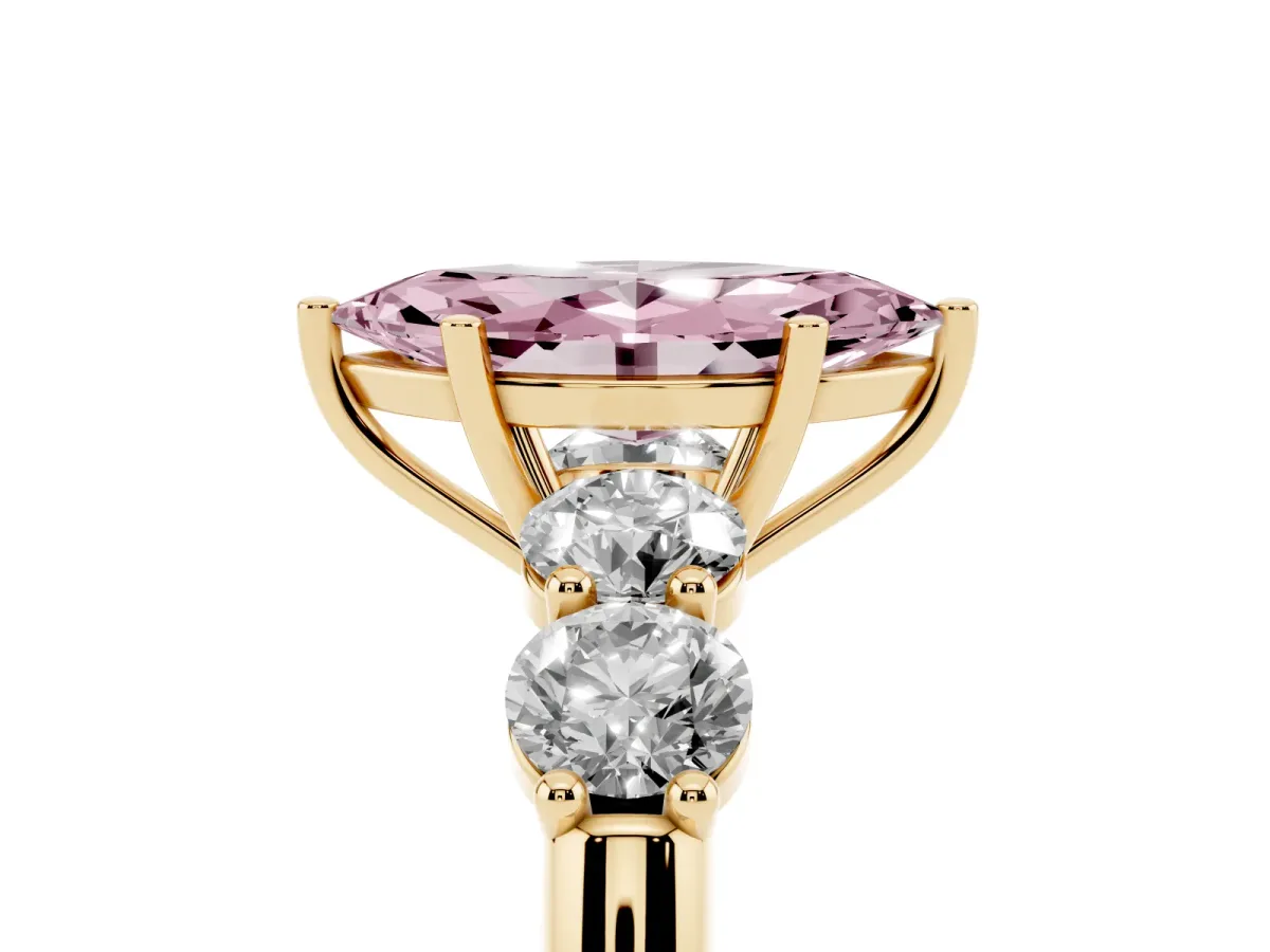 Fancy Pink Marquise Cut Cut Five-Stone Prong Set Diamond Ring with Classic Band Yellow gold
