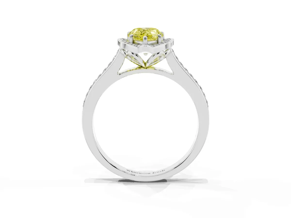 Fancy Yellow Pear Cut Halo Round Diamond Pave Band with Four-Prong Setting Silver