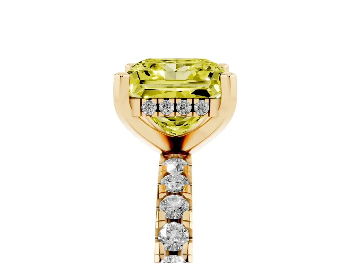 Fancy Yellow Princess Cut Diamond Solitaire Ring with Round Pavé Band and Four-Prong Setting Yellow gold