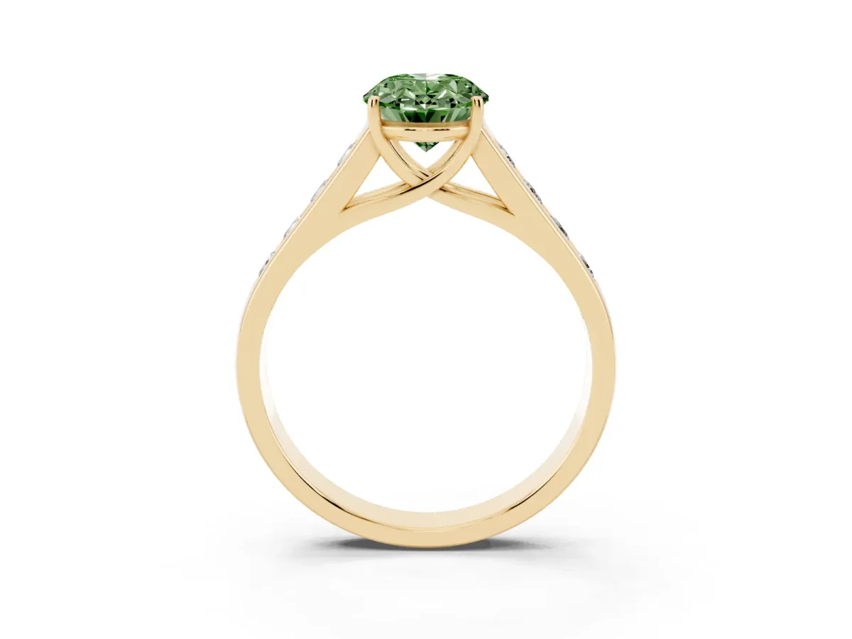 Fancy Green Oval Cut Solitaire Channel-Set Diamond Engagement Ring with Four-Prong Setting Yellow gold
