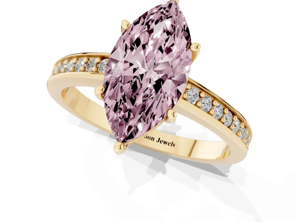 Fancy Pink Marquise Cut Solitaire Pavé Band Prong Setting Ring Yellow gold