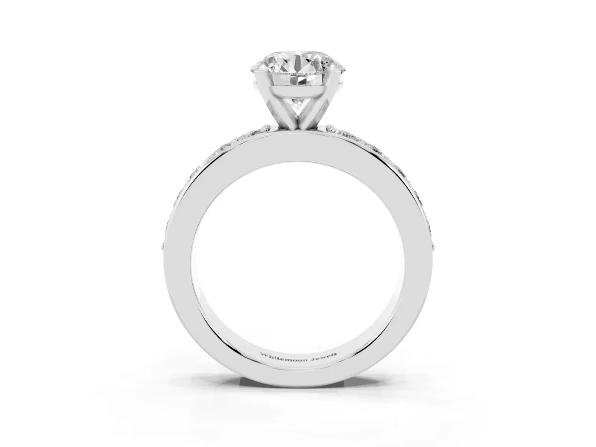 Round Cut Diamond Engagement Ring with Channel Set Round Band and Prong Setting Silver