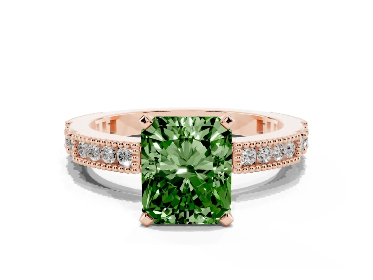 Fancy Green Radiant Cut Solitaire with Pavé Band and Four-Prong Setting Rose gold