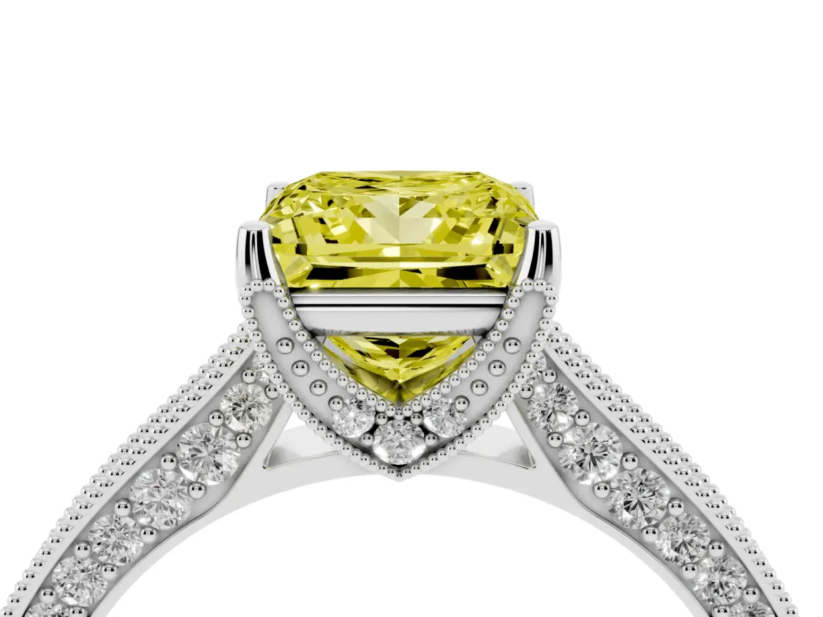 Fancy Yellow Princess Cut Cut Diamond Solitaire Ring with Milgrain Pave Band and Four Prong Setting Silver