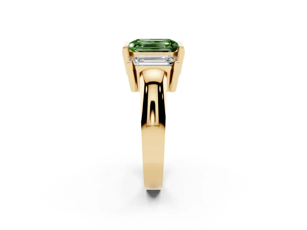Fancy Green Three Stone Emerald Cut Cut Channel Set Diamond Ring Yellow gold