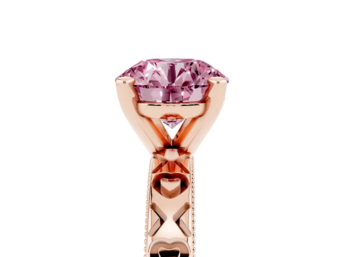 Fancy Pink Round Cut Solitaire Diamond Engagement Ring with XO Engraved Band and Four-Prong Setting Rose gold