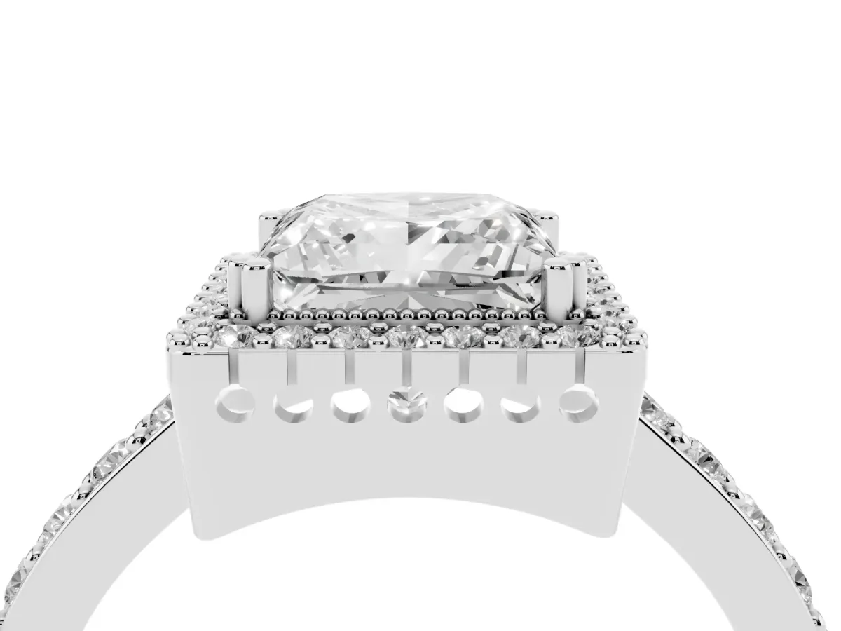 Princess Cut Cut Diamond Halo Engagement Ring with Milgrain Detail and Pavé Band Platinum