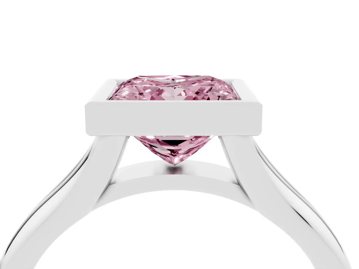 Fancy Pink Bezel Set Princess Cut Solitaire Diamond Ring with Smooth Band Platinum