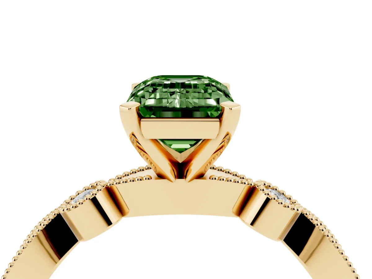 Fancy Green Emerald Cut Milgrain Bezel Diamond Engagement Ring with Solitaire Prong Setting Yellow gold