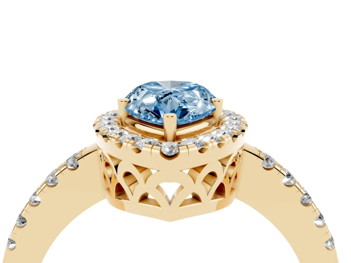 Fancy Blue Pear Cut Halo Diamond Engagement Ring with Pavé Band and Four-Prong Setting Yellow gold