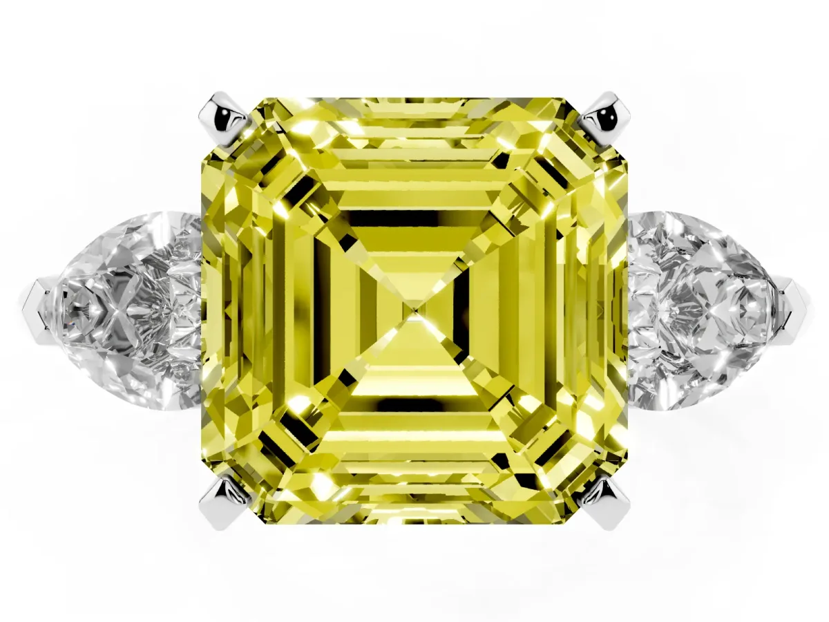 Fancy Yellow Three-Stone Asscher Cut Diamond Ring with Pear Side Stones and Four-Prong Setting Silver