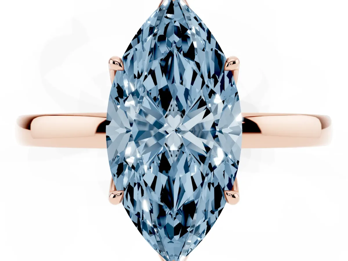 Fancy Blue Marquise Cut Diamond Solitaire Ring with Thin Band and Prong Setting Rose gold