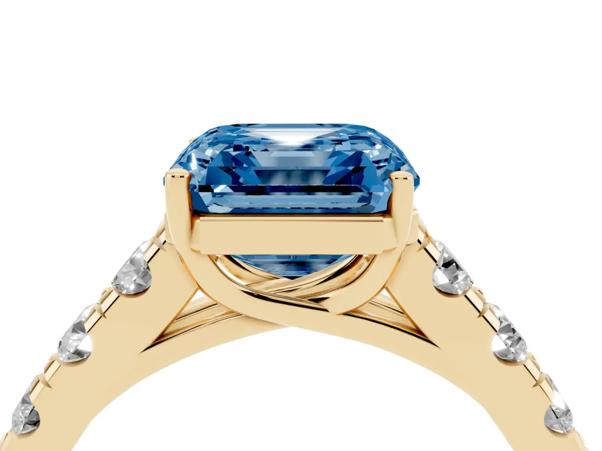 Fancy Blue Asscher Cut Cut Diamond Solitaire Ring with Micro Pave Band and Prong Setting Yellow gold