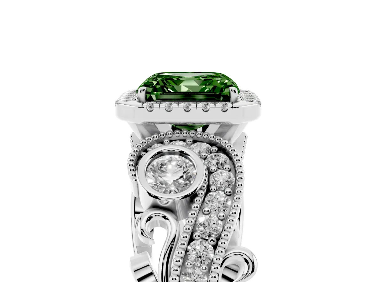 Fancy Green Asscher Cut Halo Diamond Ring with Milgrain and Bezel Accents on a Split Shank Band White gold