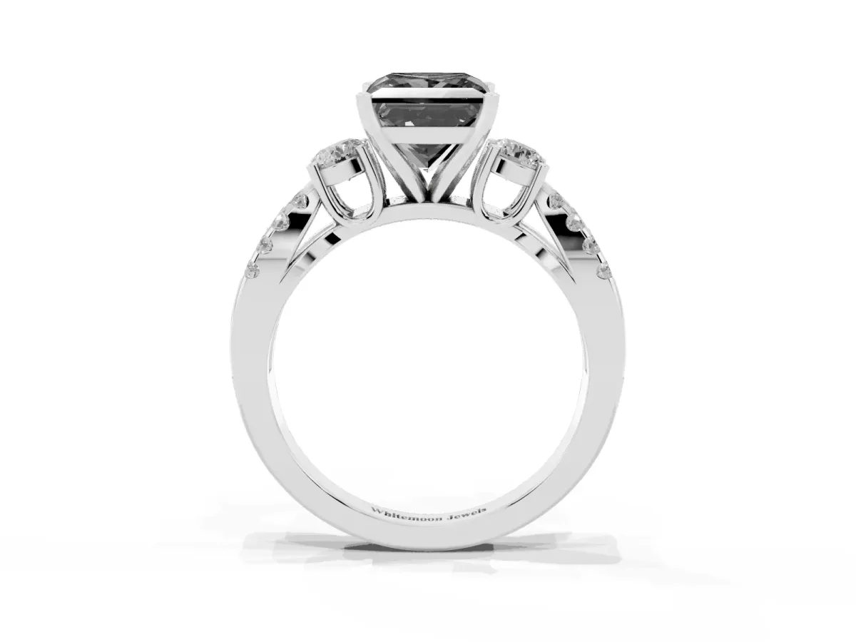 Fancy Black Princess Cut Diamond Three-Stone Ring with Pavé Split Shank and Four-Prong Setting Silver