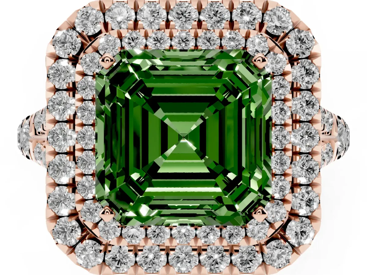 Fancy Green Asscher Cut Cut Double Halo Split Shank Diamond Ring with Prong Setting Rose gold