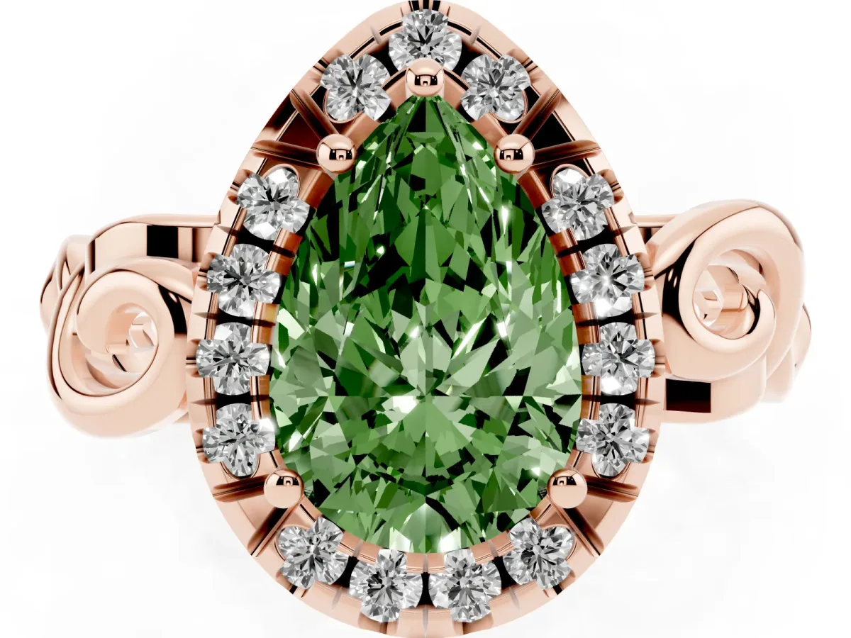 Fancy Green Pear Cut Cut Halo Diamond Ring with Scrollwork Band and Four-Prong Setting Rose gold