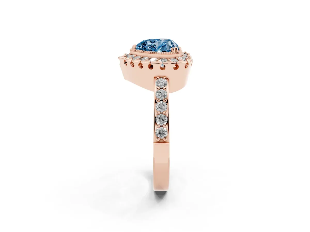 Fancy Blue Heart Cut Diamond Halo Ring with Pavé Band and Prong Setting Rose gold