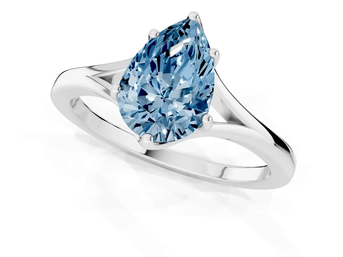 Fancy Blue Pear Cut Solitaire Diamond Ring with Six-Prong Setting and Tapered Band Platinum