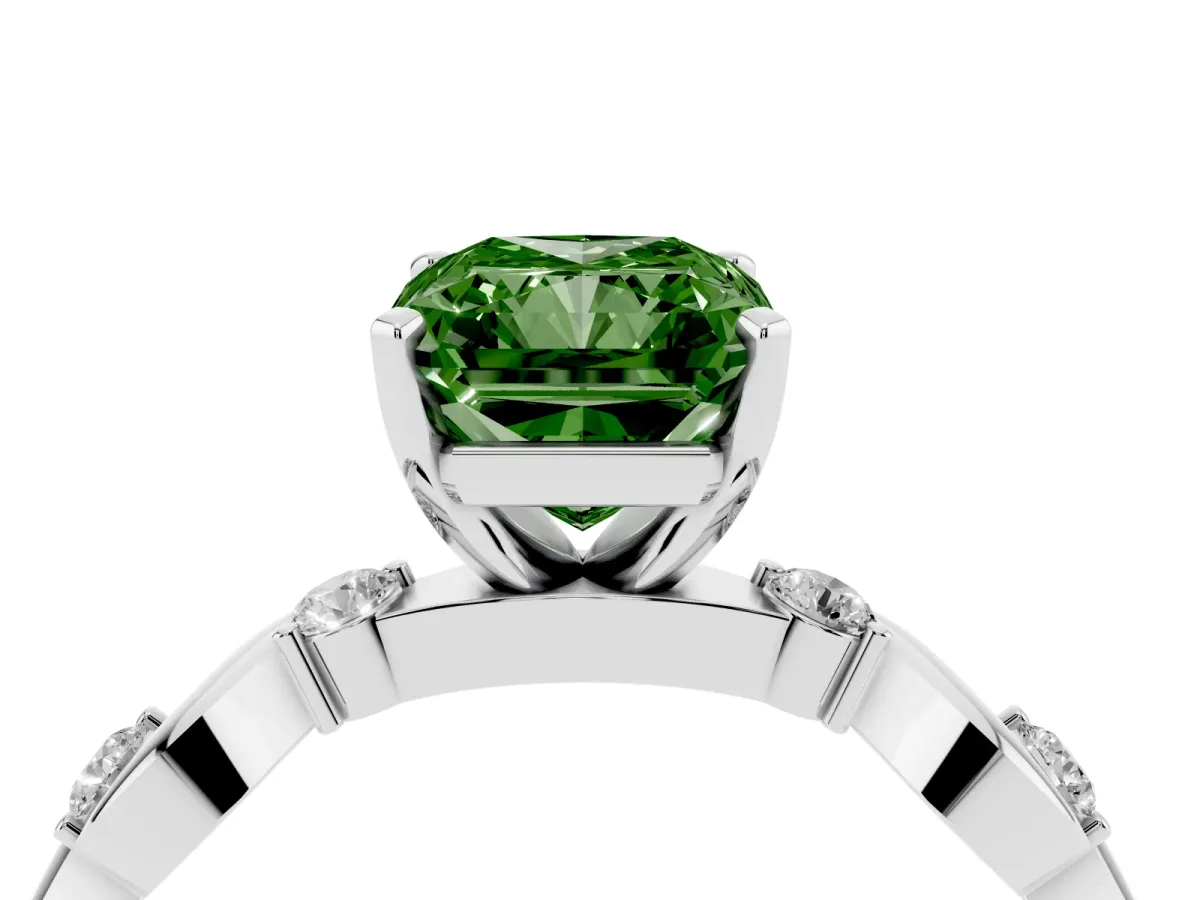 Fancy Green Radiant Cut Diamond Solitaire Twisted Band with Round Accents and Prong Setting White gold