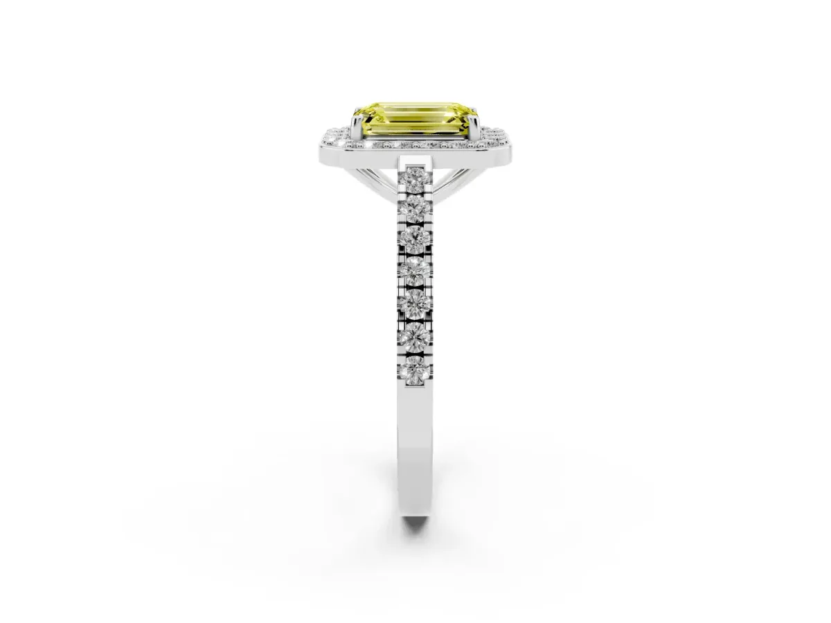 Fancy Yellow Emerald Cut Diamond Halo Ring with Round Pavé Split Shank and Prong Setting Silver