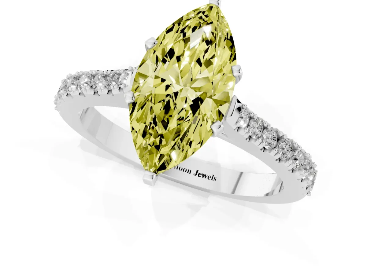 Fancy Yellow Marquise Cut Cut Solitaire Diamond Engagement Ring with Pave Band and Four-Prong Setting Platinum