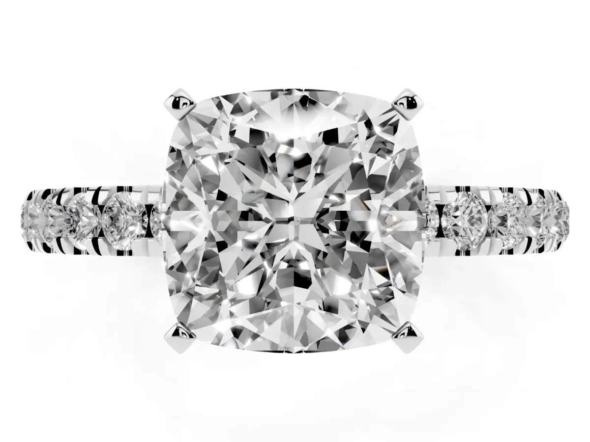 Cushion Cut Diamond Solitaire Ring with Pavé Accents and Four-Prong Setting White gold