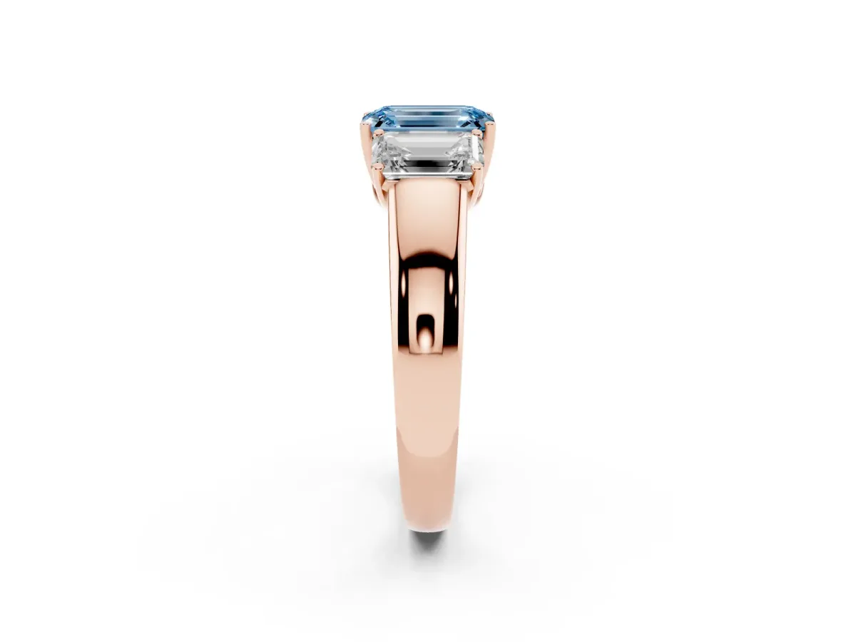 Fancy Blue Three-Stone Emerald Cut Cut Diamond Ring with Prong Setting and Classic Band Rose gold