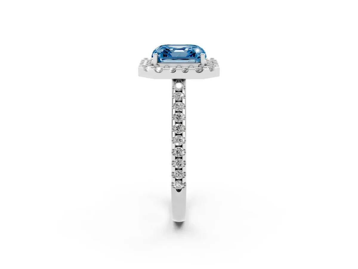 Fancy Blue Asscher Cut Diamond Pavé Halo Ring with Four-Prong Setting Platinum