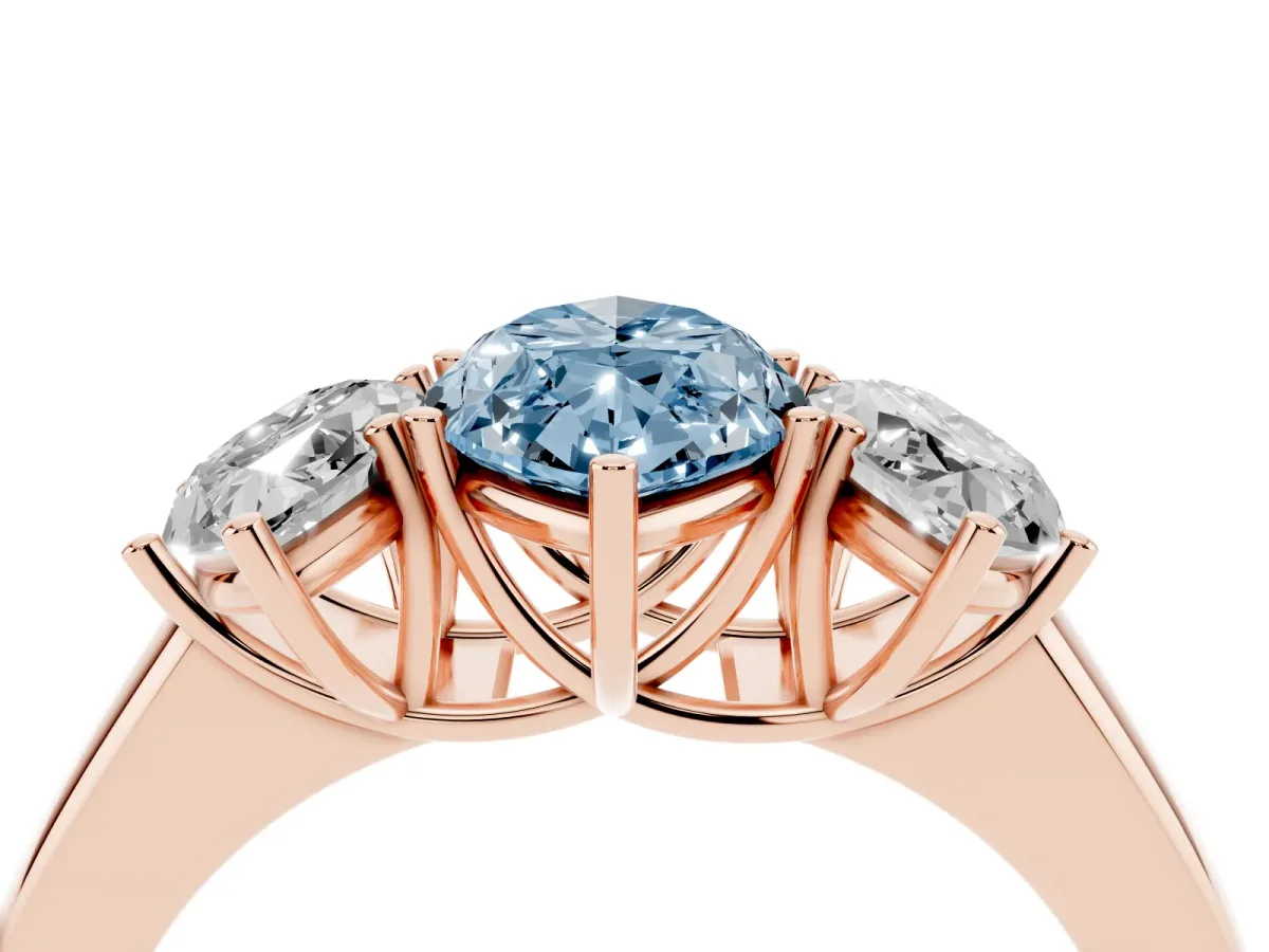 Fancy Blue Three-Stone Marquise Cut Cut Diamond Ring with Prong Setting and Classic Band Rose gold