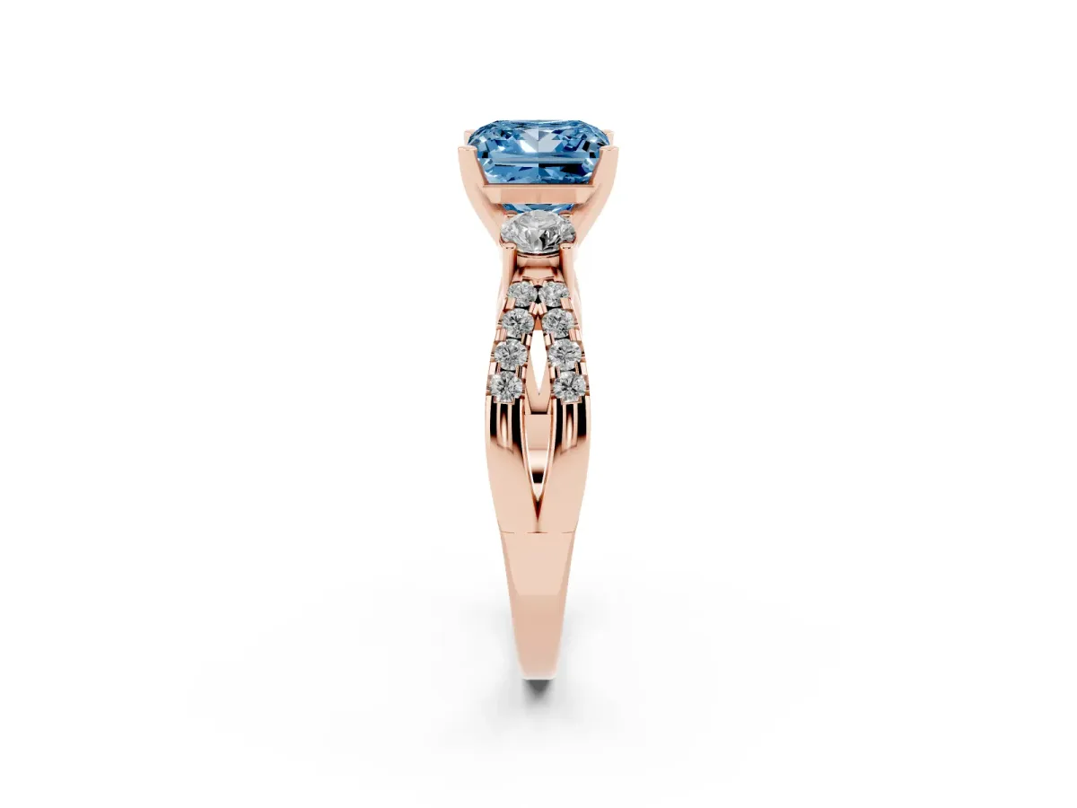 Fancy Blue Princess Cut Diamond Three-Stone Ring with Pavé Split Shank and Four-Prong Setting Rose gold