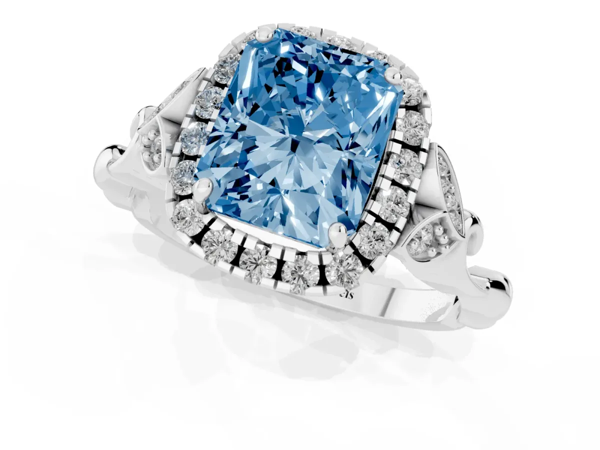 Fancy Blue Radiant Cut Halo Diamond Engagement Ring with Vintage-Inspired Band and Four-Prong Setting White gold