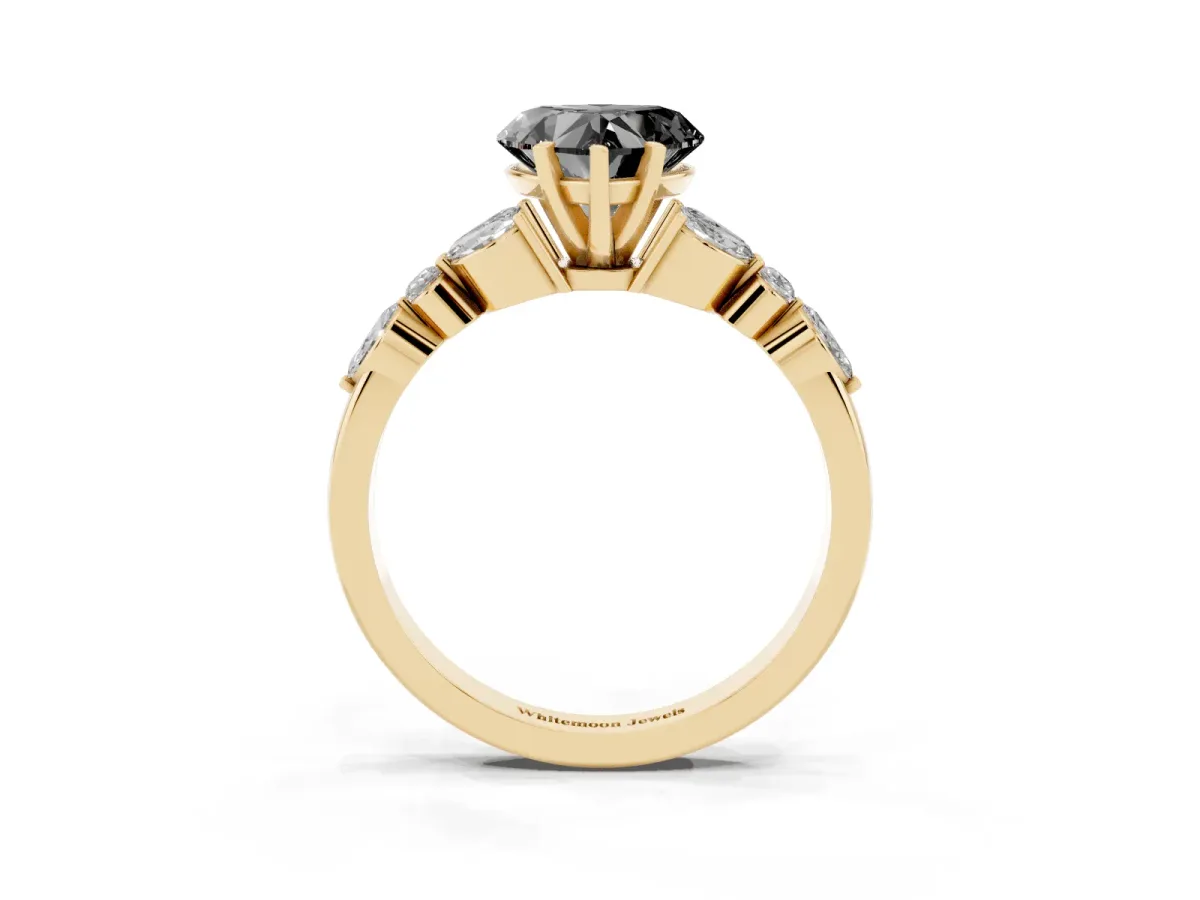 Fancy Black Heart Cut Diamond Solitaire Ring with Side Stones and Four-Prong Setting Yellow gold