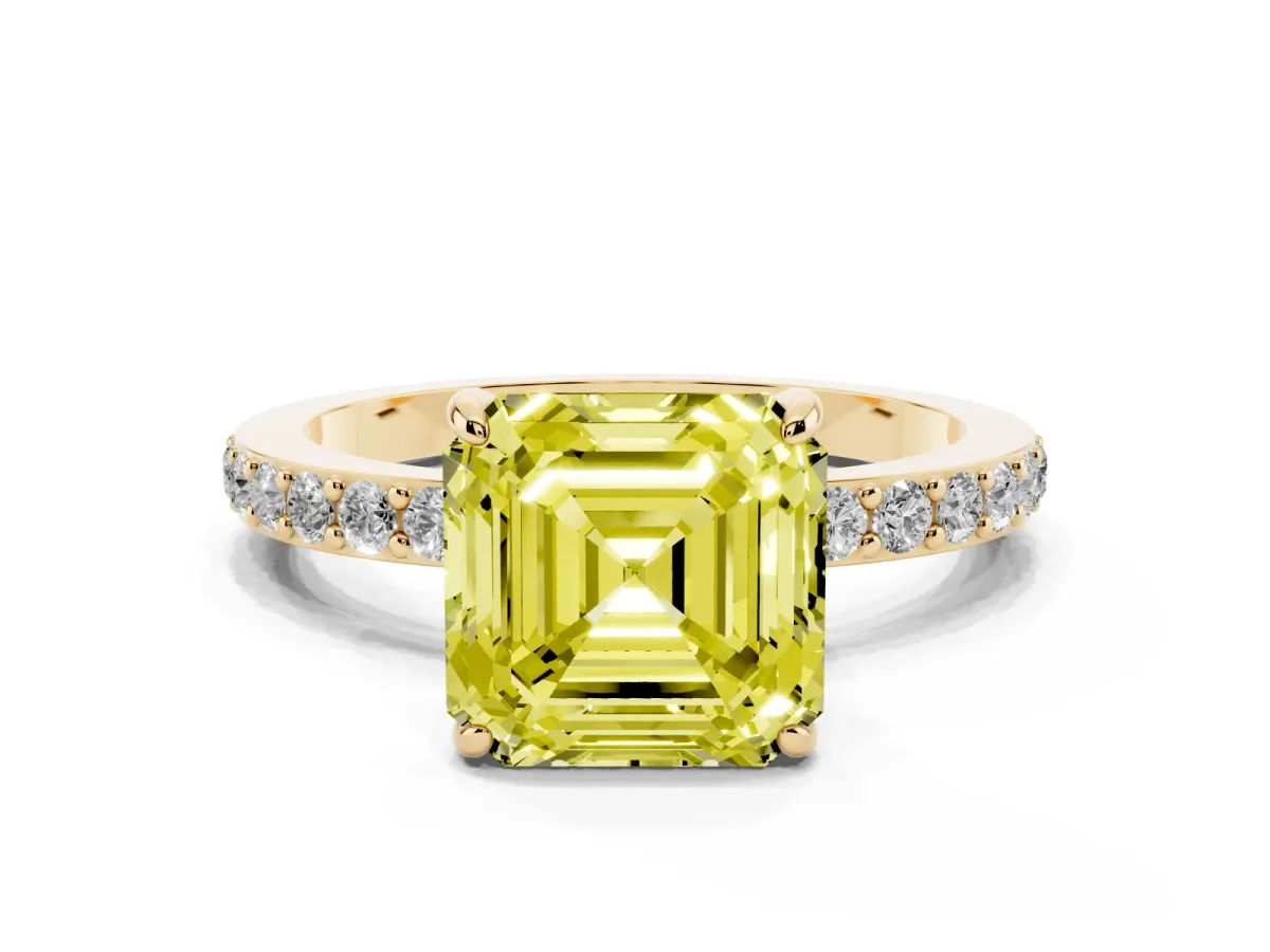Fancy Yellow Asscher Cut Diamond Pavé Engagement Ring with Round Accents and Prong Setting Yellow gold